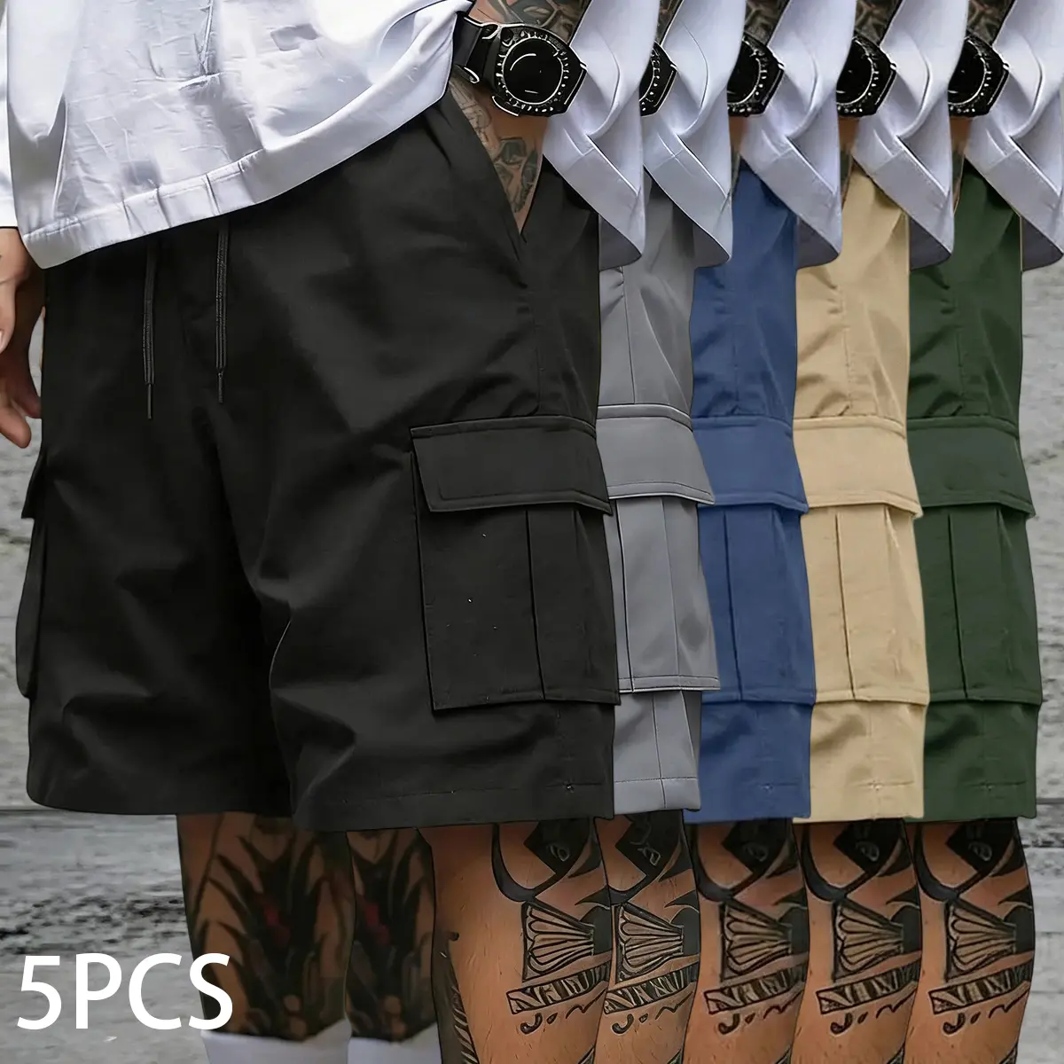 5-pack men’s cargo shorts: multi-pocket design, loose fit, non-stretch, solid color work shorts—casual, loose shorts suitable for casual wear; mid-length summer casual shorts.