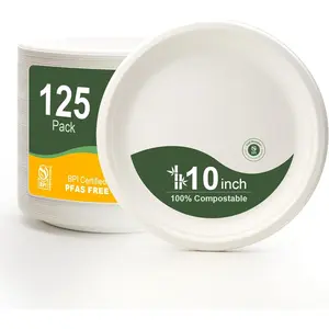 10 Inch Paper Plates, 125-Pack  Compostable Heavy Duty Disposable Plates Bulk, Biodegradable Bagasse, , -Free | BPI Certified | Microwaveable