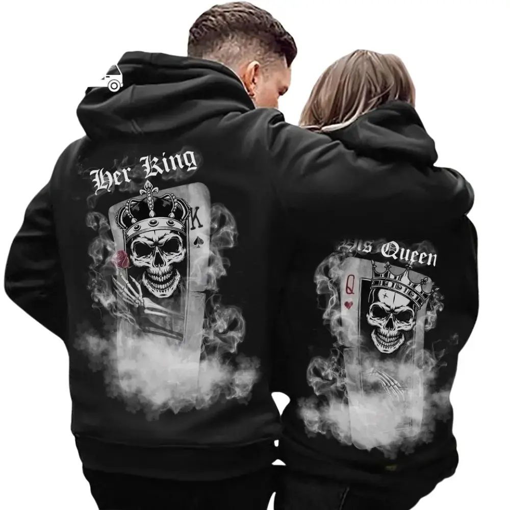 Couple's King Queen Skull Hoodie, His & Hers Casual Pullover in Soft Cotton-Blend Yarn Fabric, Fitted Long Sleeve with Seamless Design, Pocket & Ribbed Cuffs