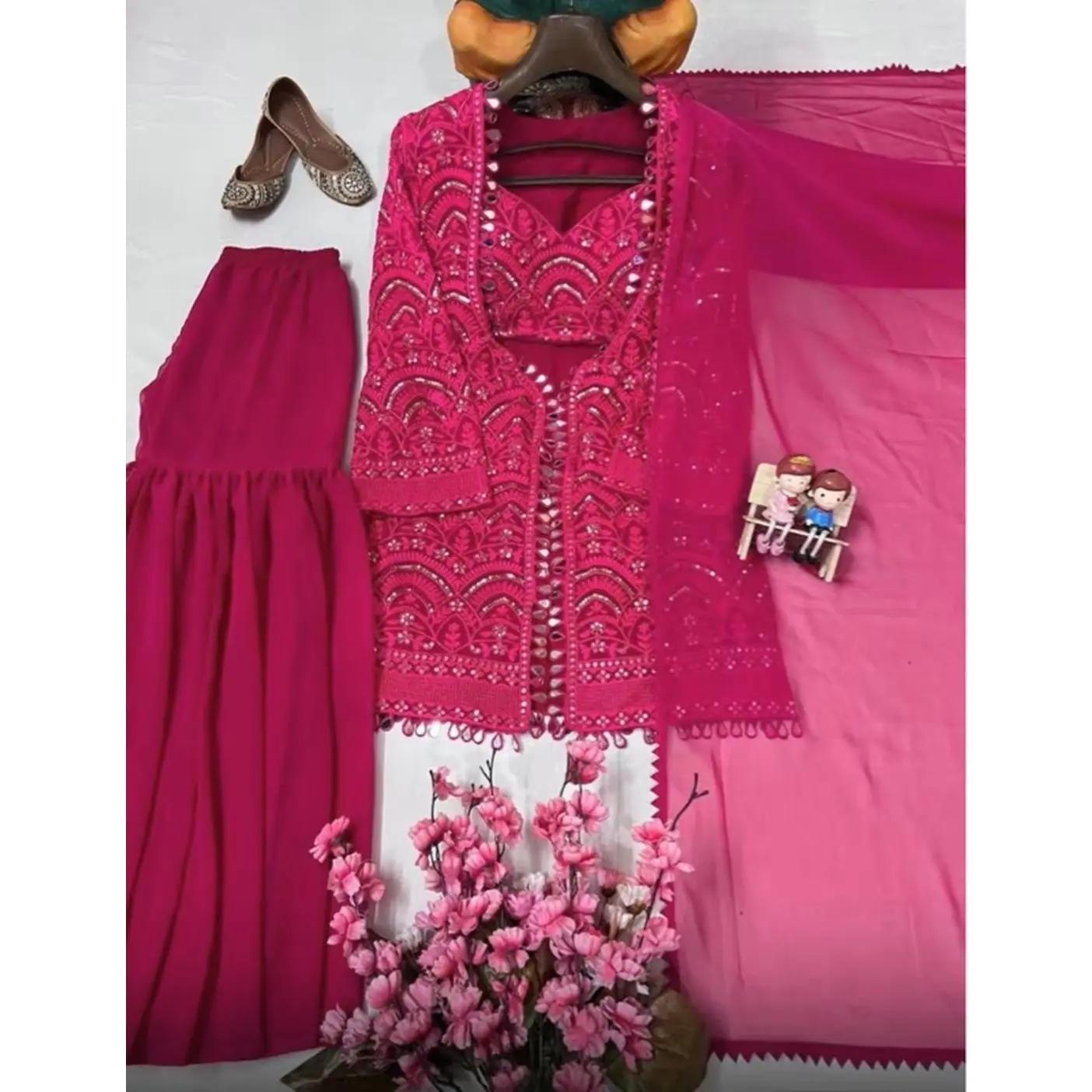 Western Size 40-42 Pink Embroidered Jacket with Matching Skirt and Shawl Set