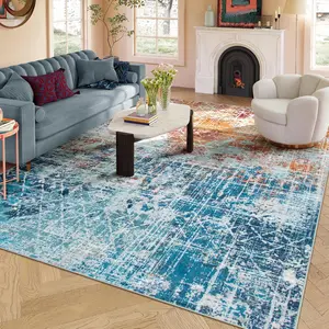 Abstract Washable 8x10 Rugs for Living Room,Large Orange 8 x 10 Area Rug for Bedroom Dining Room, Modern Boho Geometric Ultra Thin Floor Carpet for  Girls  Apartment (Orange/Teal)