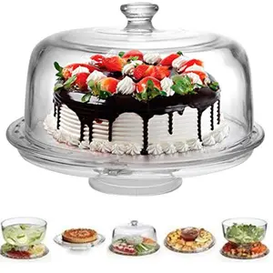 Extra Large (12") 6 in 1 Cake Stand with Dome Lid Multifunctional Serving Platter and Cake Plate, Salad/Punch Bowl/Dessert/Chips & Dip - BPA Free Glass Cover