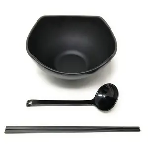 Thy Home Aesthetic Traditional Round Melamine Japanese Ramen Noodle Soup Bowl Set - 56 fl oz Large Hard Plastic Tableware with Chopsticks, Spoons, Cutlery, 8.27"x4.72" for Udon, Soba