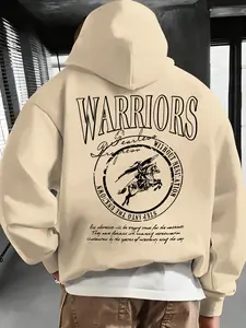 Men's Drawstring Hooded Loose Sweatshirt, Fall & Winter Casual Comfortable Hoodie, Warrior Text Print, Perfect Gift for Autumn & Winter