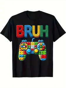 Men' & Women' Gamer Brick Builder "Bruh" Saying T-Shirt - Building Blocks Graphic, 100% Cotton 180g Crew Neck Tee Suitable for Daily Wear, Fitness, Outdoor - Casual Gaming Apparel for & (Machine Washable)