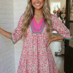 Floral Print V-Neck Dress with Pink Contrast Trim and Three-Quarter Sleeves for Women
