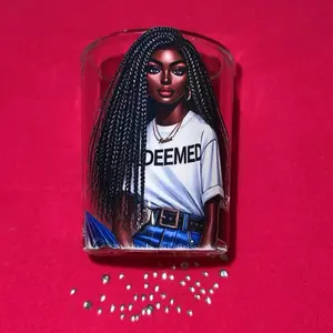 Cute Customized Shot Glass Set Featuring a Beautiful Dark Chocolate Woman with DEEMED Tee and Blue Skirt