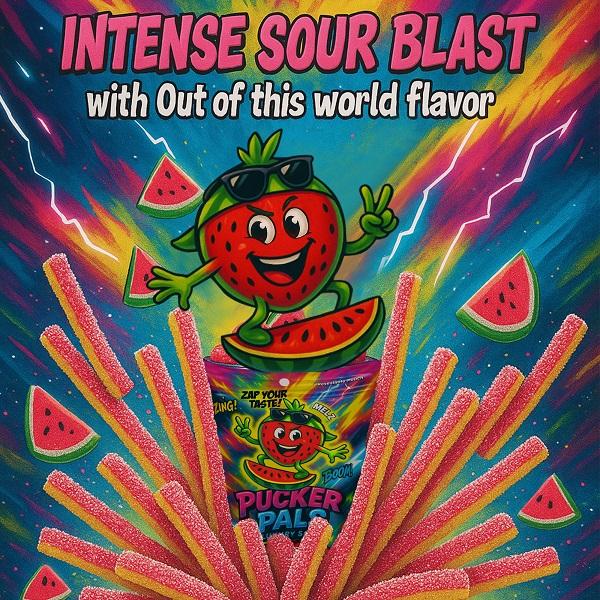 Pucker Pals Watermelon Sour Candy – Extreme Sour Strips, Chewy Gummy Candy & Sour Gummies, Gummy Worms Style Gummies Candy, Juicy Bold Treats for Kids, Boys, Girls, Teens & Adults, Halloween & Stocking Stuffers