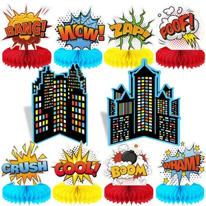 Superhero Theme Honeycomb Centerpiece, 10pcs/set 3D Table Topper, Paper Centerpieces, Fun Action Sign Standing Cards for Birthday Party Baby Shower Decor, Ornaments