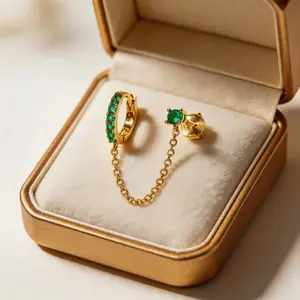 Women's 14K Gold Plated Double Piercing Jewelry Set - Dangle Chain Huggie Hoop Earrings with Cubic Zirconia, Single Stud Ear Cuff, Diamond Dust Grillz, Accessories for Women,wedding themed accessory,western bridal accessory