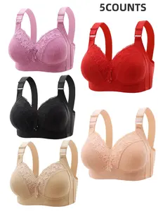 5-Piece Thin Women's Bra Set, Adjustable Straps, Contrast Lace, Comfortable Breathable Wireless Bras, Full Coverage, Medium Support