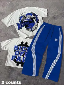 Street Style Casual Sporty Print Round Neck Cotton T-Shirt Set with Striped Sports Pants, Summer Two-Piece Set, Multiple Colors Available