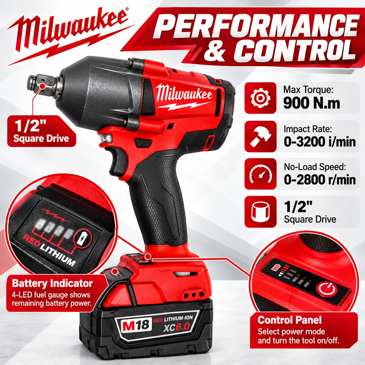 Milwaukee M18 XC6.0 1/2" Square Drive Impact Head Brushless Motor Battery Indicator Cordless Drill Driver