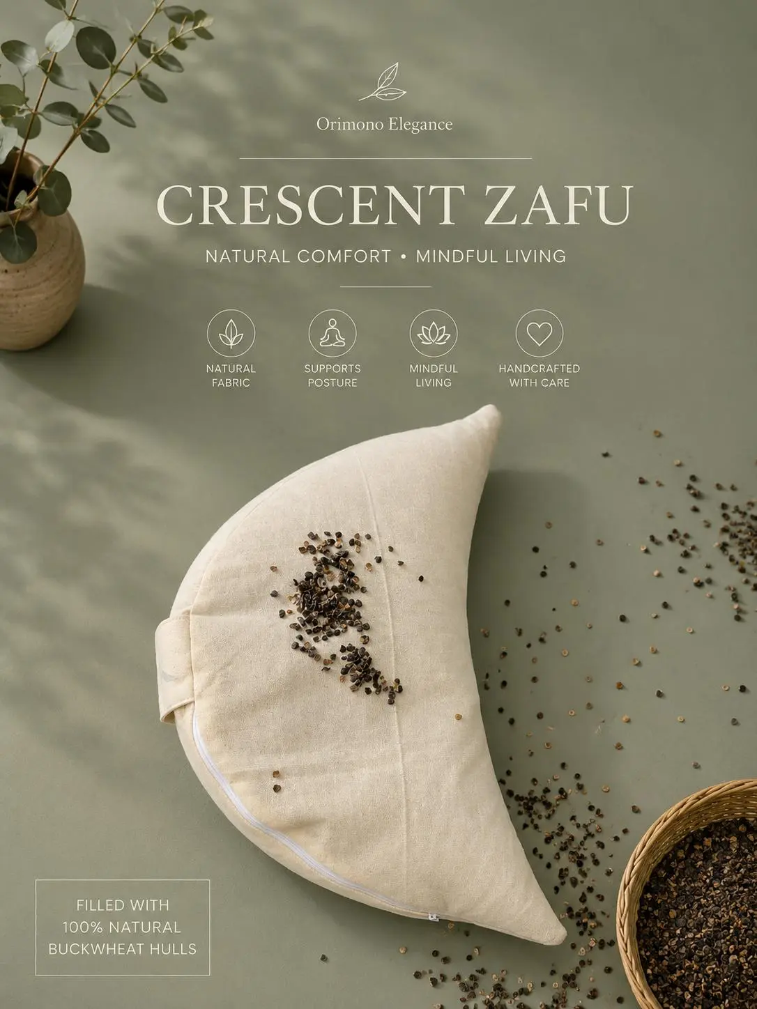 Organic Cotton Crescent Zafu Buckwheat Pillow - 3.5 Inches Eco-Conscious Posture Aid, Lumbar Support Cushion for Floor Sitting
