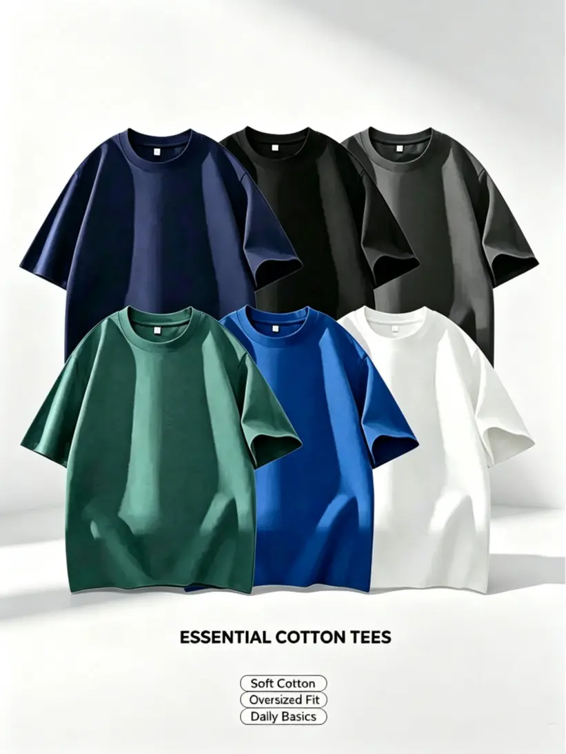 Men's 3PCS 100% cotton Crew Neck T-Shirts Set - Soft Loose Fit Navy Gray Black Tees for Casual Daily Wear