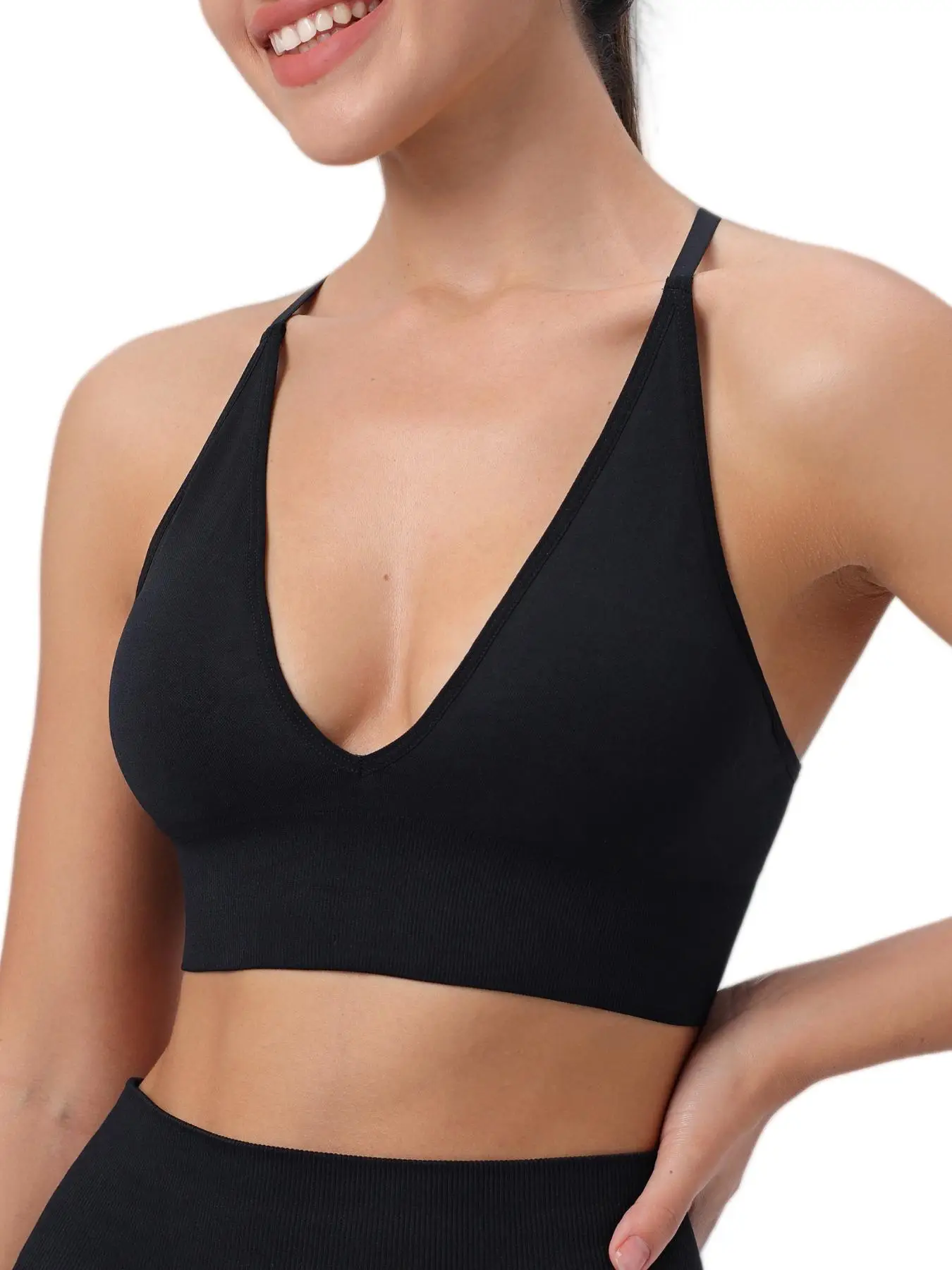 Women's Criss Cross Backless Deep V Neck Sports Bra, Solid Adjustable Strap Removable Padded Sports Bra, Ladies Sportswear for Indoor Outdoor Wear