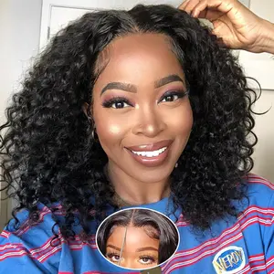 Wear and Go Glueless Wigs 13X4 Human Hair Pre Plucked Pre Cut Lace Front Wigs for Black Women 200 Density Water Wave Bob Wig Human Hair Curly Wig (14 Inch)