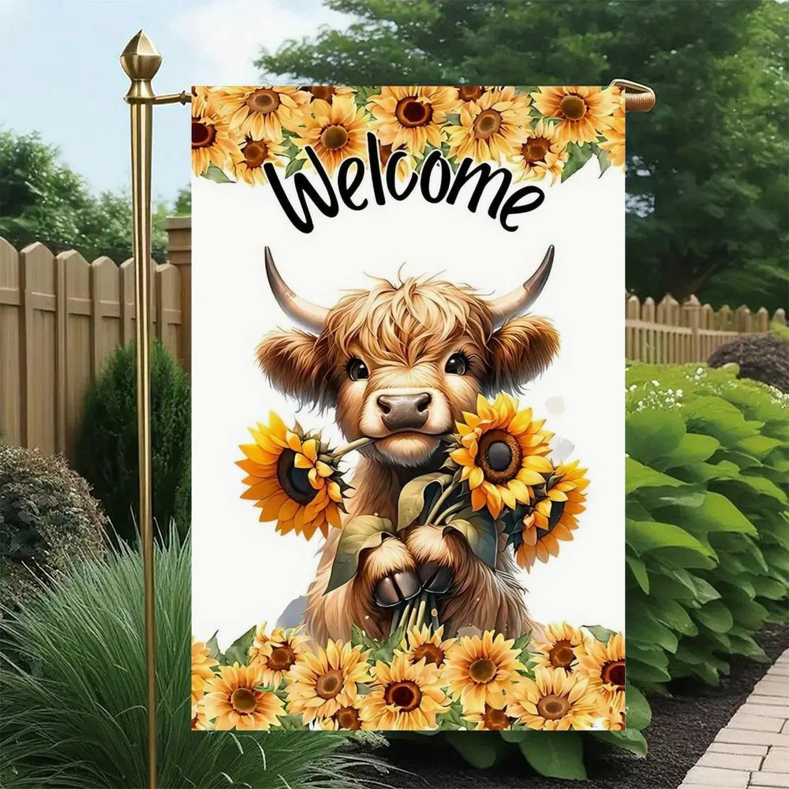 Welcome Highland Cow Holding Sunflower Cute Western Farm Floral Country Front Porch Garden Flag Double-Sided 12x18in, Cow Lover Farmhouse Lawn Sign