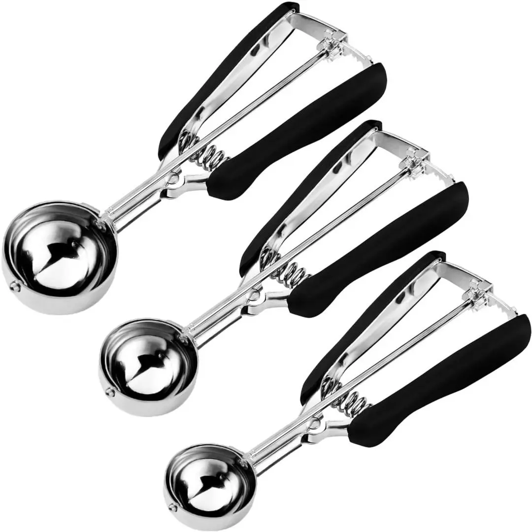 Sharlovy Cookie Scoop Set, Includes 3 pack, Stainless Steel, Non-Slip Strong Grip, Food Grade Safe, Corrosion Resistant, Labor-Saving Design, Comfortable for Long Time Use, Ideal for Cookies, Cupcakes, Muffins, Ice Cream and Waffles，304 Stainless Steel