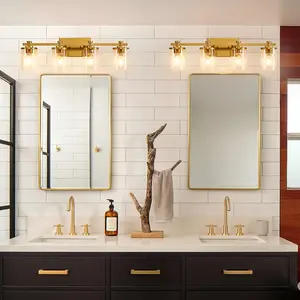 2024 4-Light Vanity Lighting Fixture, Bathroom Vanity Light, Brushed Gold Finish Farmhouse Modern Wall Lamp, Metal Wall Sconce with Clear Glass Shade