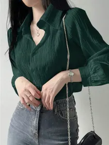 Women's Olive Wrinkled Collar Loose Shirt Fabric, Casual Fashion Top, Comfortable Fit, Perfect for Daily Wear, Stylish Women's Clothing