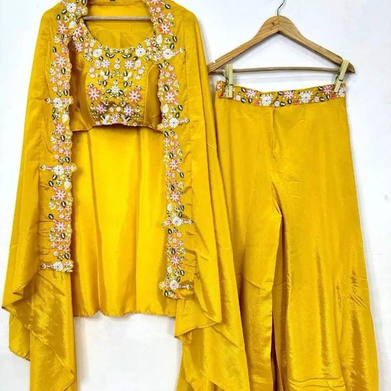 Women's Shrug Plazo Set Yellow Indi Western Style with Embroidered Detail and Matching Pants - Clothes, Womenswear