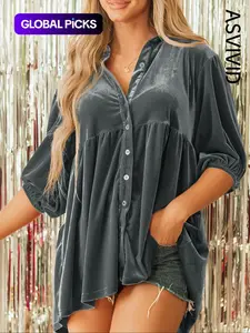 Women's Plain Bishop Sleeve Button Front High Low Hem Velvet Shirt, Casual Comfy Half Sleeve Collared Blouse for Spring & Fall, Ladies Basic Clothes for Daily Wear Style, Top, Womenswear