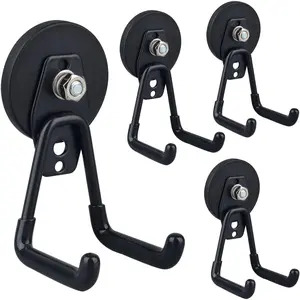 Heavy Duty Magnetic Garage Hooks,4 Pack Strong Large Magnet Hook for Power Drill,Garden Tools,Hose,Pegboard,Garage, Workshop,Magnetic Storage Hooks for Indoor Outdoor Hanging(Black)