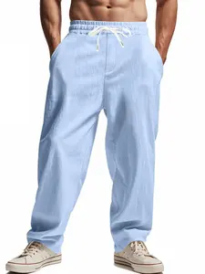 Men's Solid Color Linen Pants, Regular Fit Casual Comfy Wide Leg Trousers for Summer, Men's Bottoms for Daily Wear