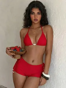 2026 Spring Summer Best Selling Elegant Sexy Solid Color Two-Piece Swimsuit, Retro Shorts with Pearl Accessories, Flattering Bikini for Beach, Pool & Sports Bikini Swim Top (2026 Spring Summer Spring Summer Autumn Winter)