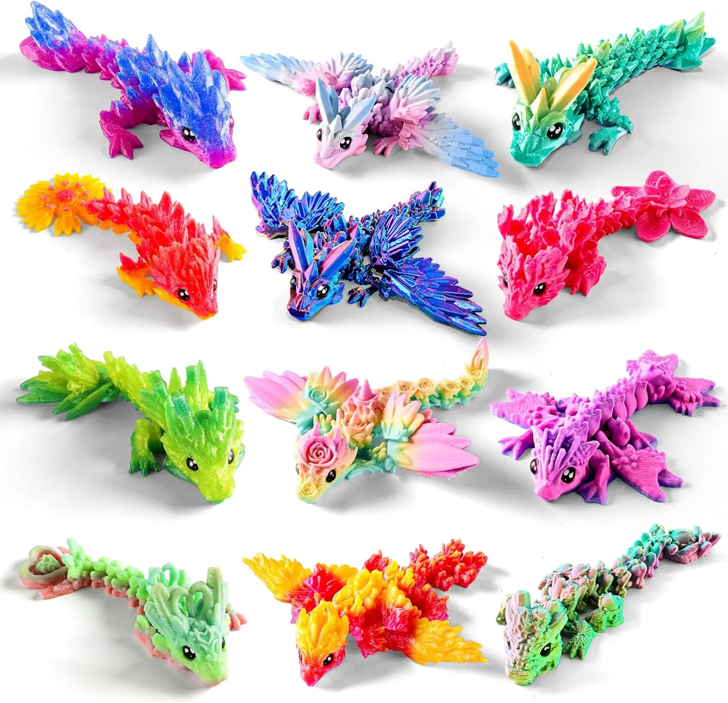 12PCS Smooth 3D Printed Articulating Animal Figurines Set, Movable Flexible Dragon Decoration Figures, 4.4"-6" Easter Basket Gifts for Kids, Desk Decoration, Autism Stress Relief Fidget Toys, Figurine Collectibles, Colorful
