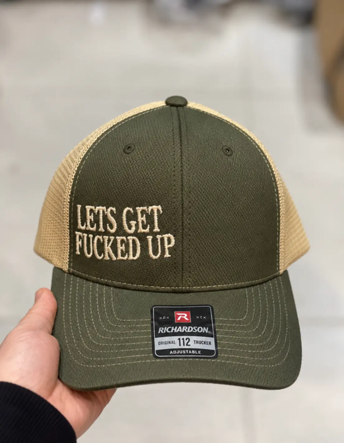 Funny "Let's Get Fucked Up" Embroidered Trucker Hat - Loden Tan Mesh Back Snapback Cap, Party Drinking Quote Outdoor Hat for Men