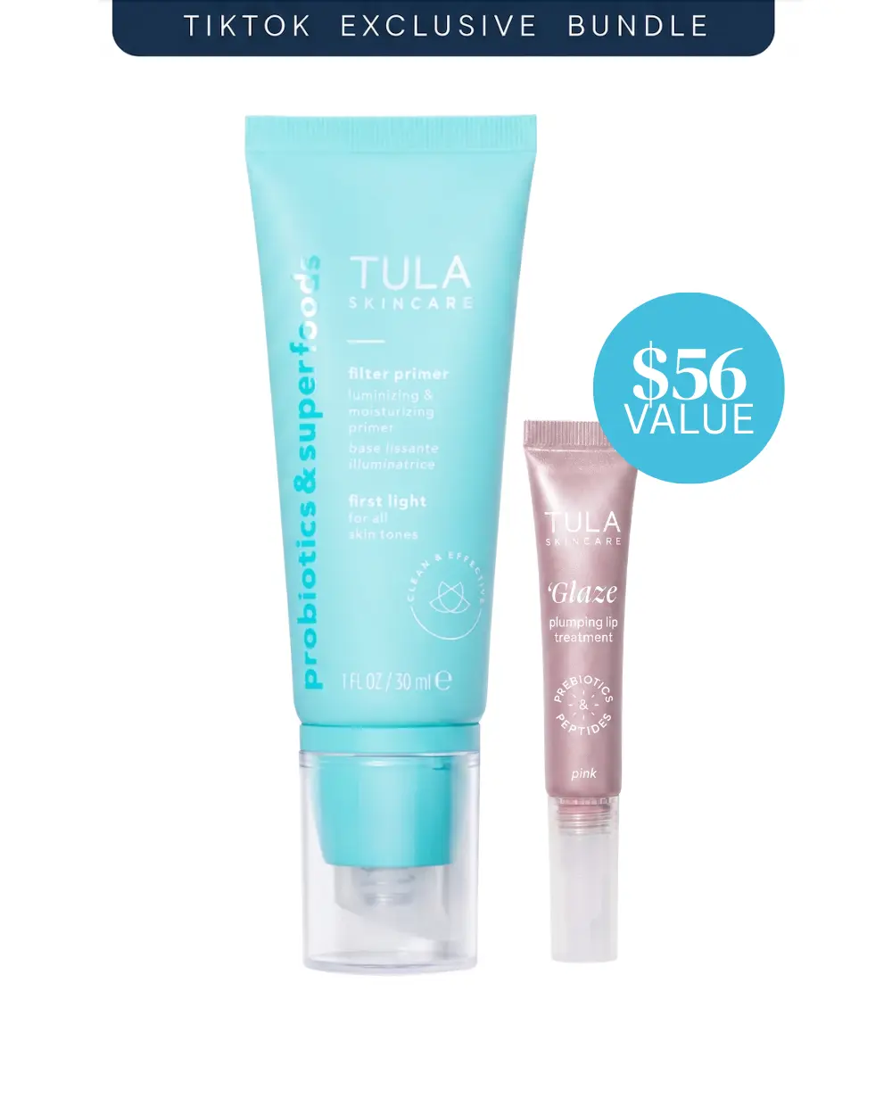 Tula TTS Exclusive Primer + Plump Bundle: Filter Primer (Luna - Fair/Light) & Pink 'Glaze Lip Treatment