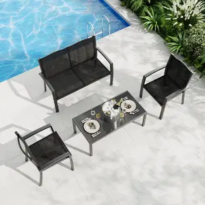 Modern 4 Piece Outdoor Patio Bar Table and Chairs Set Space Saving Bistro Dining Set with Loveseat and 2 Single Textilene Chairs Tempered Glass Top Table All Weather Conversation Furniture Set for Balcony Backyard Porch Poolside Black