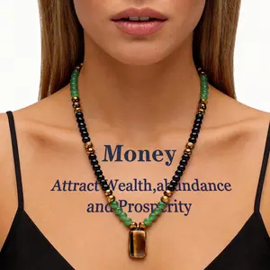 TimeCrest Money Attraction Necklace with Green Aventurine & Tiger Eye Pendant Healing Crystal Stone for Anniversary Vacation & Theme Parties Jewelry Charms Abundance Crystal Bracelet Long Chain Sweater Chain Ideal Gift for Men and Women