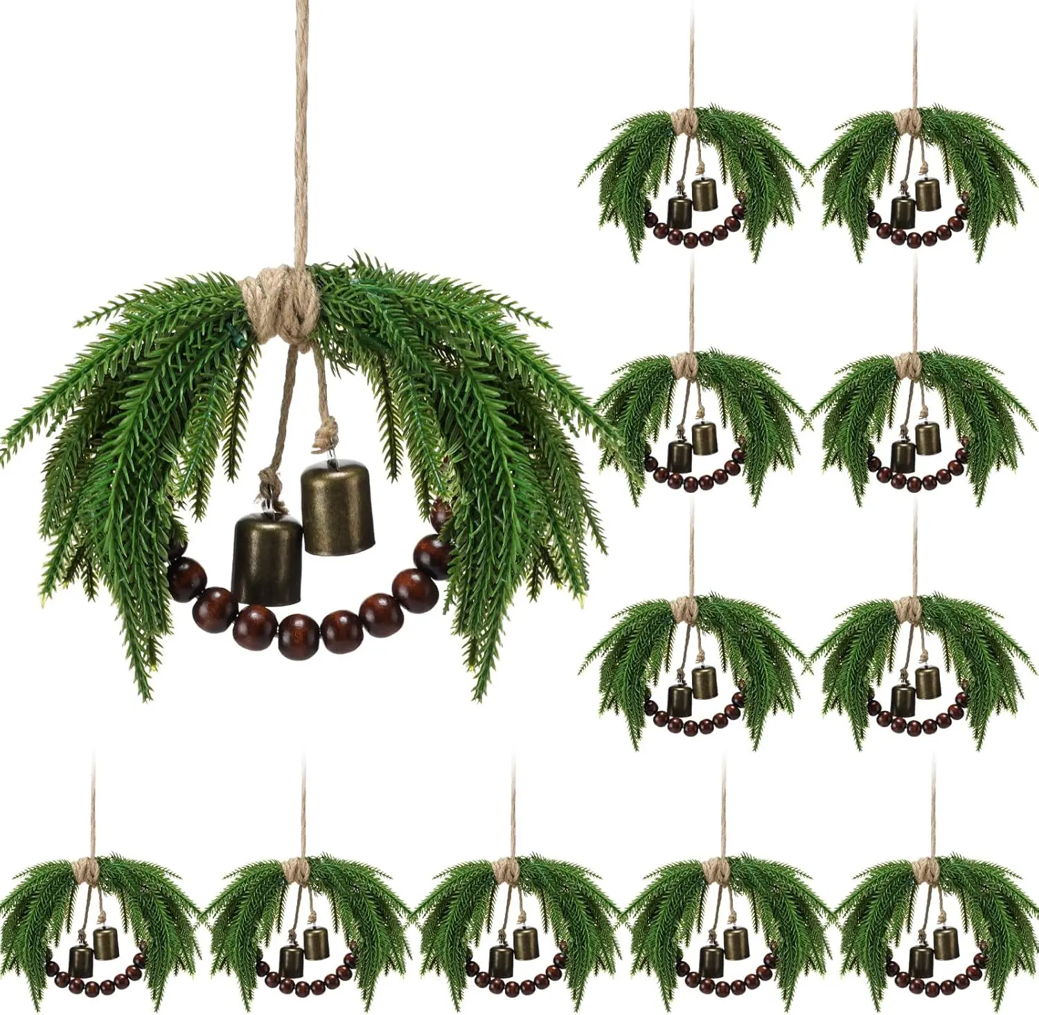 Mini Christmas Wreath 8.6 Inch Small Norfolk Wreaths for Kitchen Cabinets Vintage Mini Wreath with Wood Bead Bell Rustic for Xmas Front Door Window Chair Farmhouse Decor