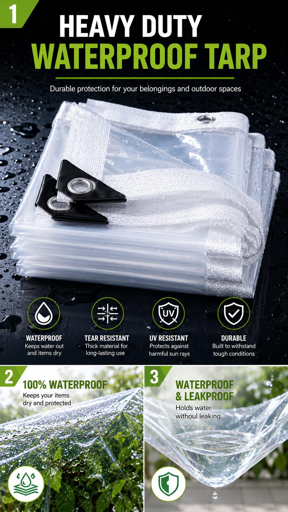 Transparent Tarp Waterproof Outdoor - Clear Poly Cover with Reinforced Edges & Metal Grommets, UV & Mildew Resistant, Tear Proof, for Greenhouse, Pergola, Patio, Garden, Camping Shelter Weather-Resistant Canopy Cloth dustproof protection