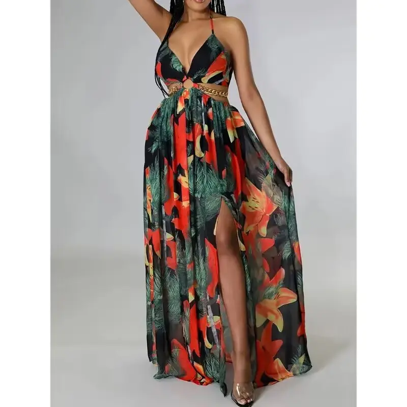 Women's Floral Print Chain Decor Split Thigh Tie Back Cami Dress, Elegant  Bohemian Casual Ring Linked