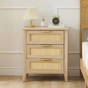 Rattan Nightstand, Bedroom End Table with 3 Drawers and Strong Wood Legs, Rattan Bedside Table, Farmhouse Bed Side Table for Living Room, Entryway, Hallway