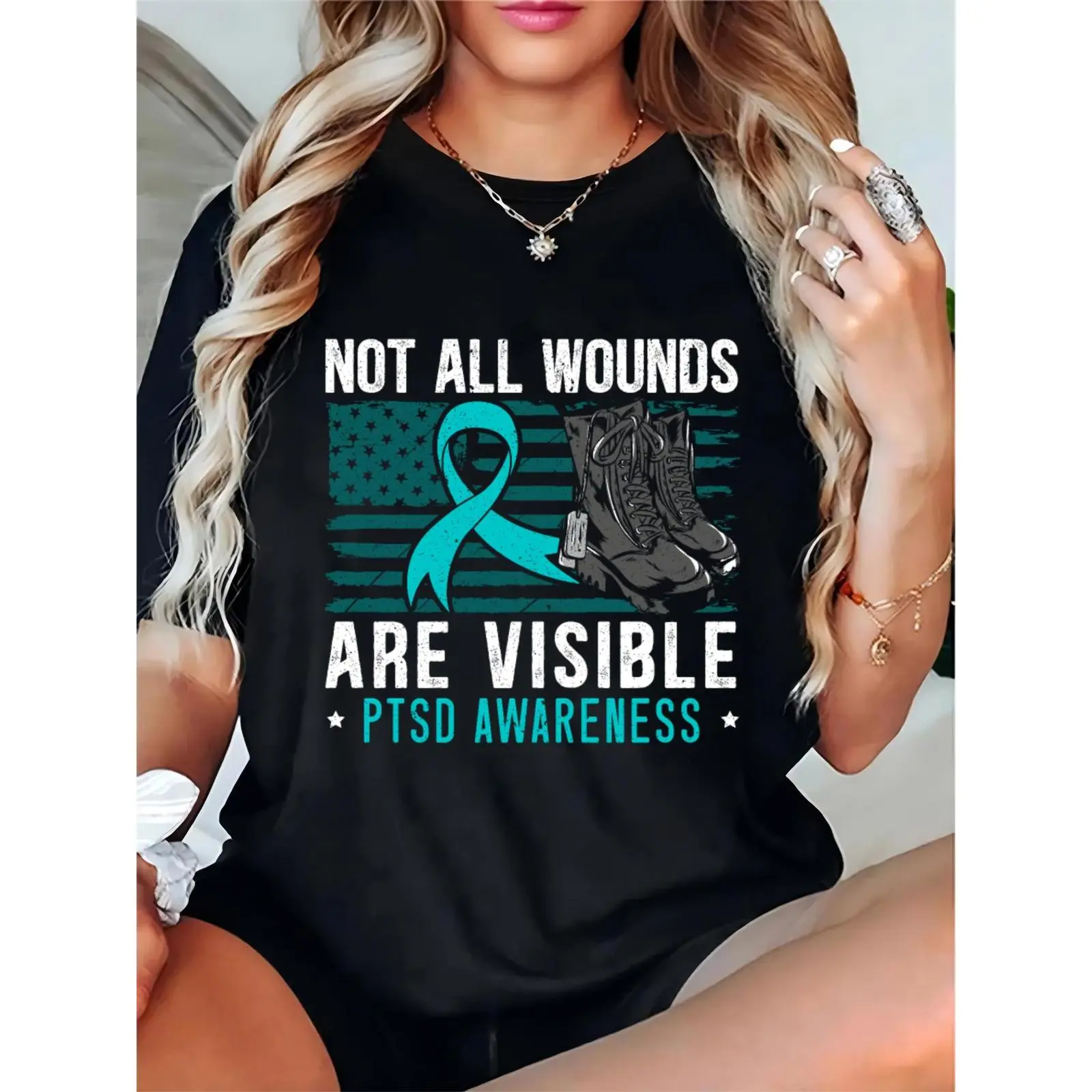 Women's PTSD Awareness T-Shirt: "Not All Wounds Are Visible" Teal Ribbon, US Flag & Military Boots Graphic Tee | Casual Support Advocacy Apparel