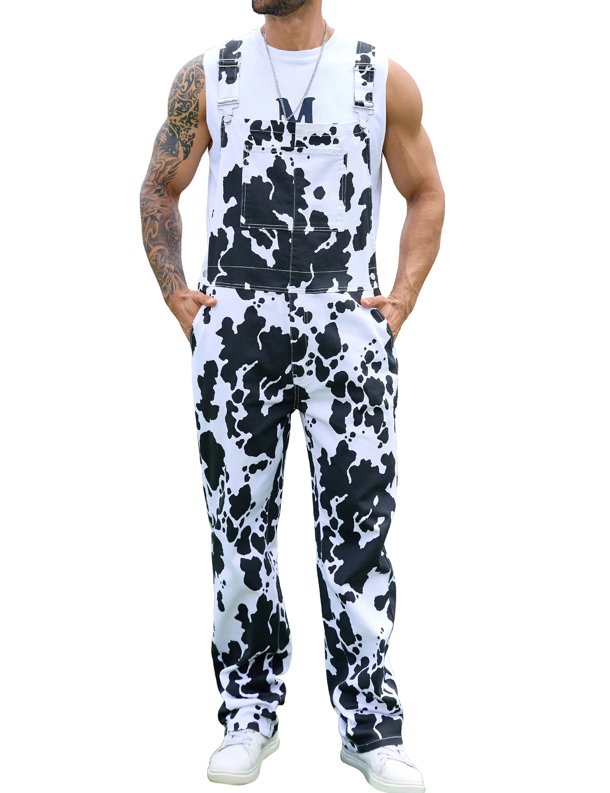 LUCKYFEB Halloween Outfits Cow Print Overalls for Men and Women Animal Pants Fall Jumpsuit Bibs Coveralls Classic Menswear Birthday Outfit Casual Clothes Festival Fashion Outdoor Love Rompers Womenswear
