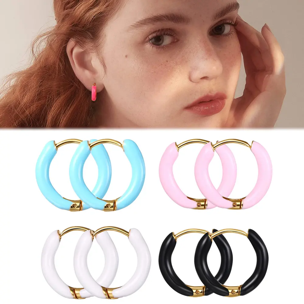 Summer Enamel Small Hoop Earrings for Women,Cute Colourful Geometric Round Huggie Earrings,Delicate Dripping Oil Loop Earring