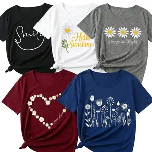 Inspirational Graphic Tee 5 Pack Women Floral Daisy Shirt Bundle Hello Sunshine Positive Quotes Cute Casual Short Sleeve Tops Gift For Her - Fit, Heart Straight