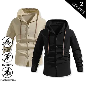 2-pack Men’s 100% cotton hooded button-down shirt; long-sleeve casual hoodie shacket with drawstring for daily outdoor sports—running, basketball