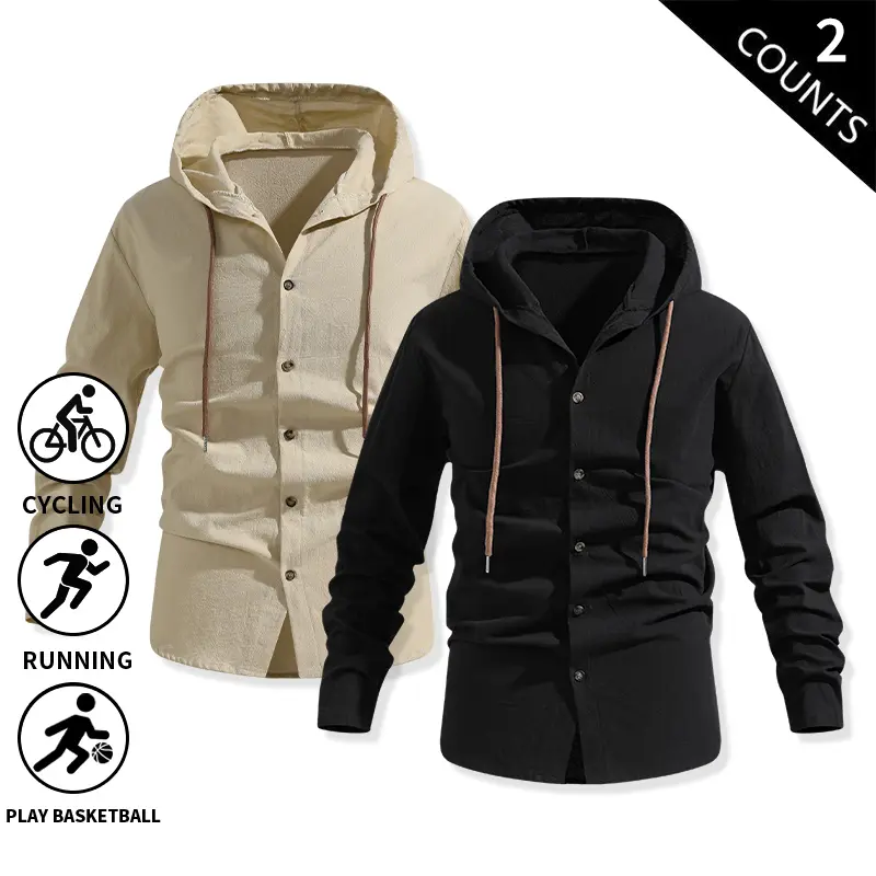2-pack Men’s 100% cotton hooded button-down shirt; long-sleeve casual hoodie shacket with drawstring for daily outdoor sports—running, basketball