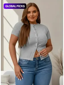 Plus Size Fitted Solid Ribbed Short Sleeve Top, Casual Button Front Top for Summer, Women's Clothing for Daily Wear