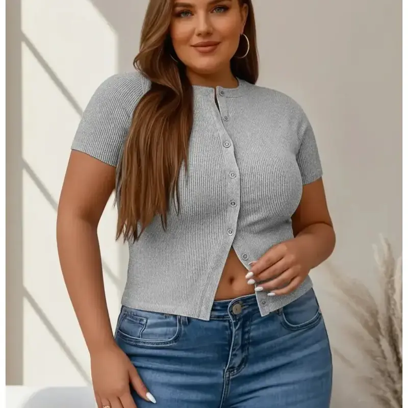 【Black Friday】Plus Size Basic Solid Color Short Sleeve Round Neck Ribbed Top, Casual Button Front Top for Summer, Women's Fitted Clothing for Daily Wear