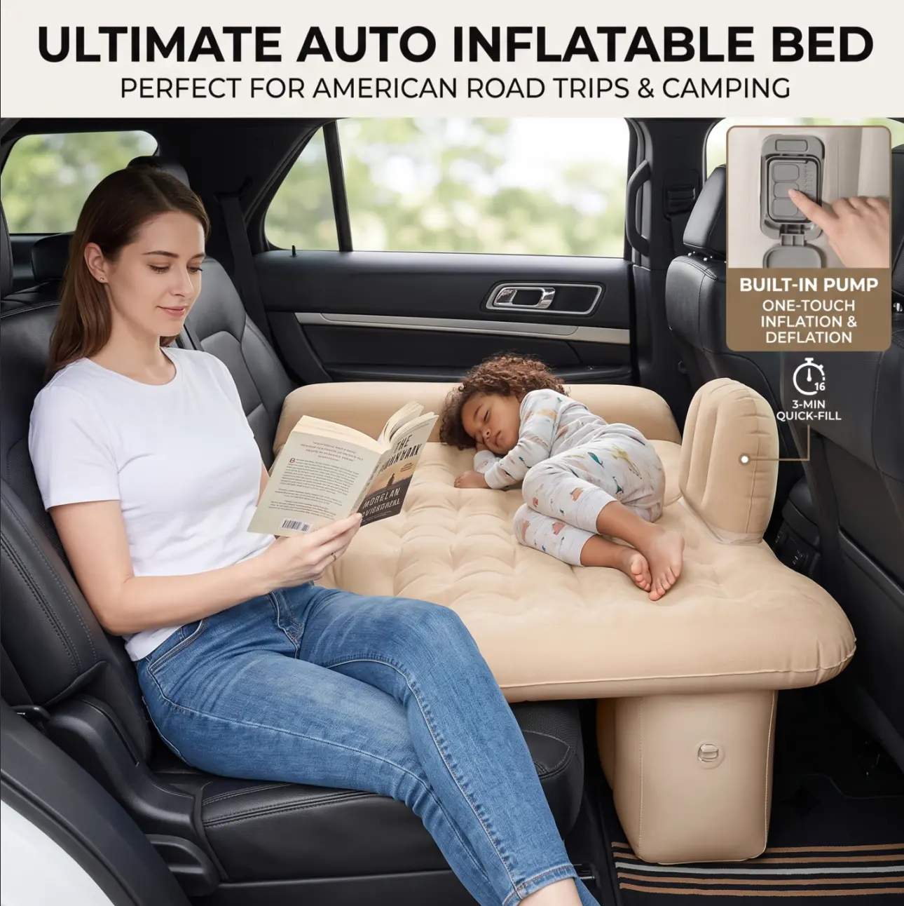 Kids Car Travel Bed with Smart Auto Pump - Portable Kids Backseat Air Mattress for SUV, Sedan - Comfortable Inflatable Sleeping Pad for Family Road Trips & Camping