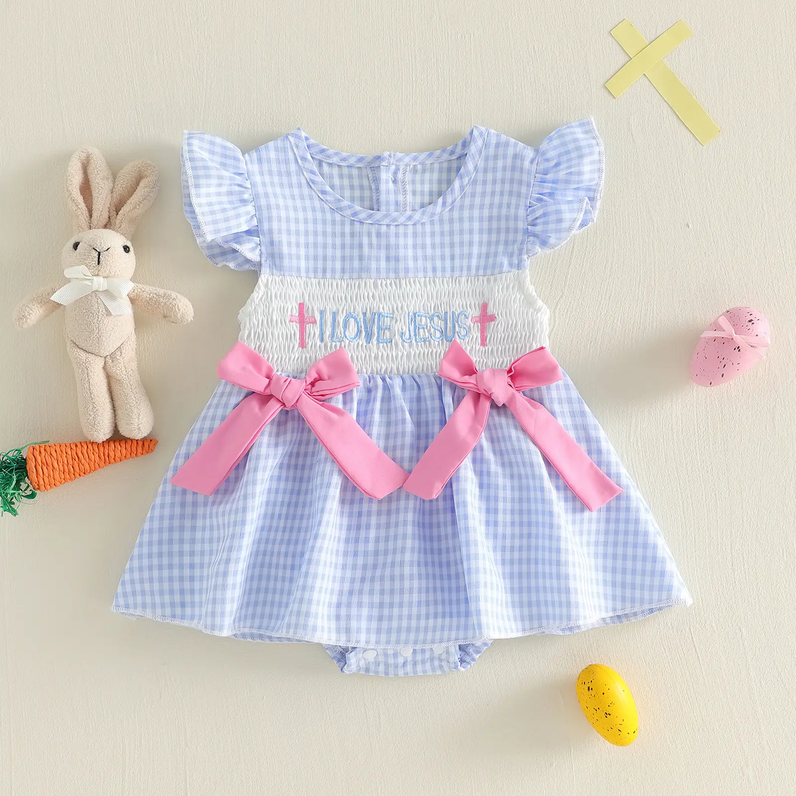 Global Baby Easter 2026 Spring Baby Young Girls Clothes Sweet Style Cute Plaid Egg Embroidery Romper Romper Baby Clothes Baby Girls Easter Romper Dress A Line Letter Cross Embroidered