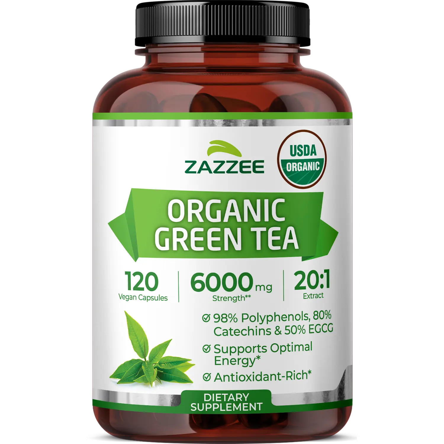 Zazzee USDA Organic Green Tea 20:1 Extract Capsules - High Potency 50% EGCG 98% Polyphenols 80% Catechins for Antioxidant Wellness and Natural Energy Support - Vegan Non-GMO Daily Vitality Supplement - Plant Based Botanical Nutrients for Metabolic Balance